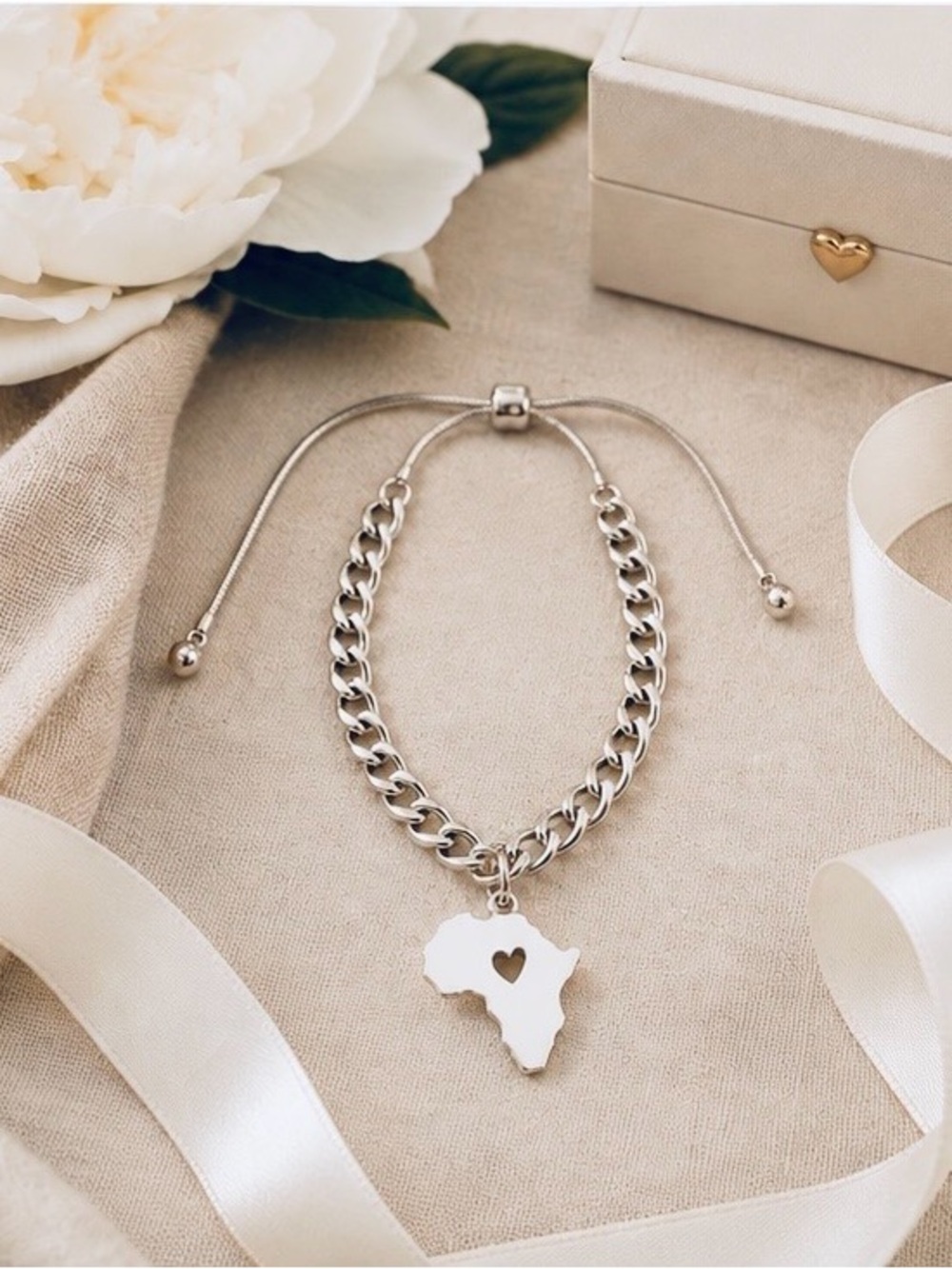 Silver Africa Heart Charm Adjustable Bracelet